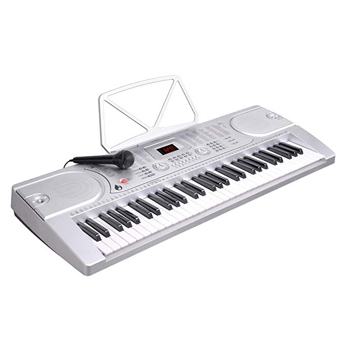 LAGRIMA 61 key Portable Electric Piano Keyboard, Include LED Display, USB/Headphones/MP3 Input, Music Stand, Power Supply and Microphone, Suit for Kids(Over 8 Years Old) Teen Adult Beginners, Silver