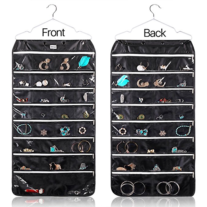 Rerii Hanging Jewelry Organizer, Double Sided Jewelry Storage Organizer with Built-in Zipper Hanger, 56 Clear Pockets for Necklaces, Bracelets, Rings, Earrings and More