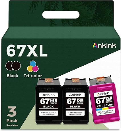 Ankink Remanufactured Ink Cartridge Replacement for HP 67XL 67 Ink XL hp67xl hp67 Black and Color 3-Pack Work with 4100 4100e 6000 6055 6055e 6400e 6455e 6458e 2700 2700e 2742e 2752e 2755e 6455 6458