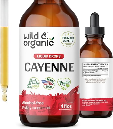 Cayenne Pepper Supplements - Organic Cayenne Pepper Tincture - Cayenne Pepper Liquid Drops - Vegan, Alcohol Free - 4 fl oz