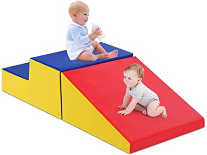 COSTWAY Toddler Climb and Crawl Foam Play Set, Children's Stairs and Ramp Software Activity Toys, Baby Soft Play Equipment for Climbing, Sliding, Crawling (Blue Red)