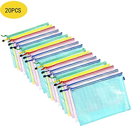 20 Pcs A4 Plastic Mesh Zip File Folder Document Pouches Zip File Folders PVC for Office Supplies,Travel Storage Bags(5 Colors)