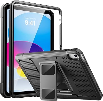 MoKo Case for iPad 10th Generation 10.9 inch 2022, Shockproof Dual Layer Full Body Cover with Kickstand for Kids and Built-in Screen Protector for iPad 10th Gen 2022, Support Touch ID, Black