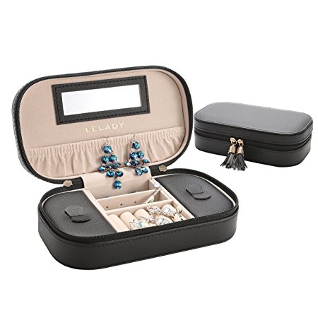 LELADY Small Jewelry Box Portable Travel Jewelry Case Organizer Faux Leather Storage Holder with Mirror for Earrings Rings Necklaces, Gifts for Women Girls Lady, Small Size (Black)