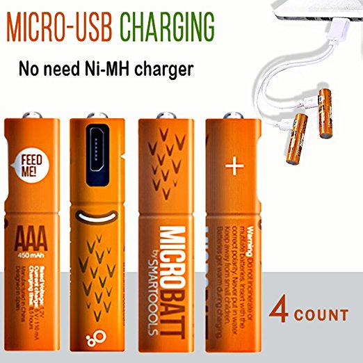 Smartoools AA & AAA Rechargeable Battery Ni-MH NiMH By Micro USB Rechargeable Pre-Charged Batteries for Toys,Game Controller,Wireless Mouse, Keyboard, Free Cable included (4 count) (AAA - 4 count)