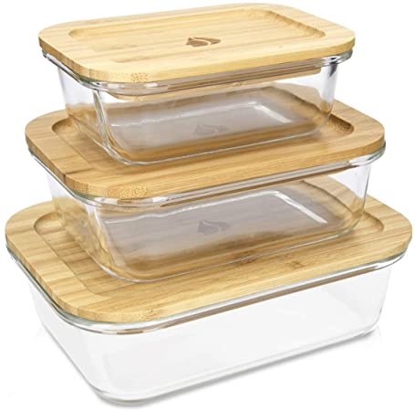 Navaris Glass Food Containers (Set of 3) - BPA-Free Kitchen Storage Container Set with Bamboo Lids - Safe for Microwave, Dishwasher, Oven, Freezer