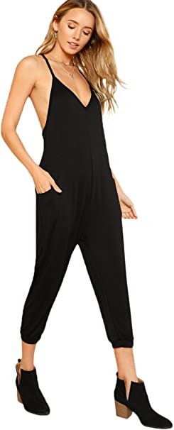 DIDK Women's V Neck Spaghetti Strap Harem Leg Cami Jumpsuit