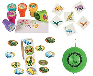 Dinosaur Kid's Party Favor Playset Includes 100 Stickers, 36 Tattoos, 12 ink Stampers and 1 Bonus Punch Ball