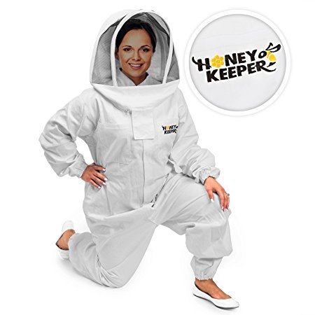 Honey Keeper Professional Cotton Full Body Beekeeping Suit with Self Supporting Veil Hood - Large