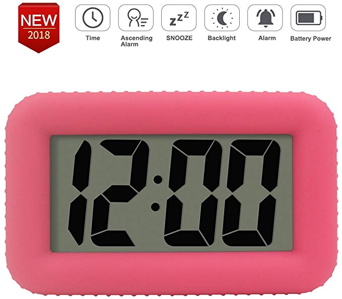 TXL Digital Alarm Clock Table Electronic Clock with Rubber Case Display Time/Alarm, Snooze/Backlight, Adjustable Light Dimmer Battery Operated Bedside Desk/Shelf Clock, Gift for Kids/Teens/Home, Pink
