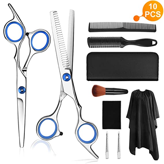 Hair Cutting Scissors Set, Professional 10 PCS Stainless Steel Haircut Shears with Hair Cutting Scissors Kit, Thinning Shears, Hair Razor Comb, Clips, Cape for Barber, Salon, Home