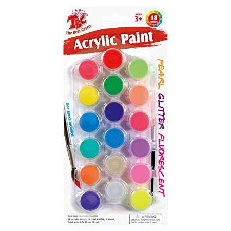 Creative Acrylic Paint Pots Set with Paint and Brush,18 Colors Assorted Neon, Glitter, and Pearl Colors,Variety Color Paint Pot Set, Bright and Smooth, Good for School, Arts and Crafts Projects