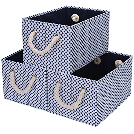 StorageWorks Polyester Storage Bin with Strong Cotton Rope Handle, White, Blue Dot Style, Large, 3-Pack