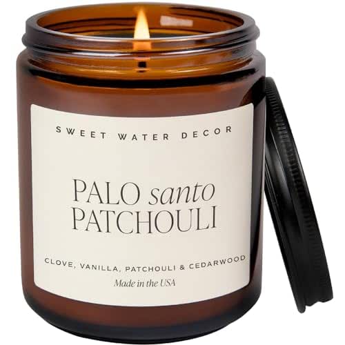 Sweet Water Decor Palo Santo Patchouli Soy Candle | Black Pepper, Clove Leaf, Nutmeg and Lavender Scented Candles for Home | 9oz Amber Jar   Black Lid, 40  Hour Burn Time, Made in the USA