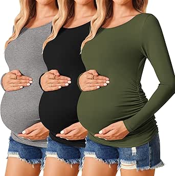 Ekouaer Womens Maternity Shirts Long Sleeve 3 Packs Pregnancy Tee Top Tunic Blouse Casual Mama Clothes S-XXL