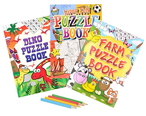 Henbrandt 30pc Children's Mini Puzzle Activity Book and Colouring Pencils Set - Party Bag Loot Fillers/Classroom Rewards/Lucky Dip Prizes/Party Favours/ Kids puzzle activity books
