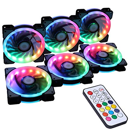 Ubanner Wireless RGB LED 120mm Case Fan with Controller for PC Cases, CPU Coolers, Radiators system (6pcs rgb fans, RF Remote Control, A Series)