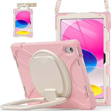 BATYUE iPad 10th Generation Case, Shockproof Protection Cover for 2022 10.9-inch iPad (10th Generation) with Screen Protector/Pencil Holder/ 360° Swivel Stand/Shoulder Strap, for Kids -Cheery Pink