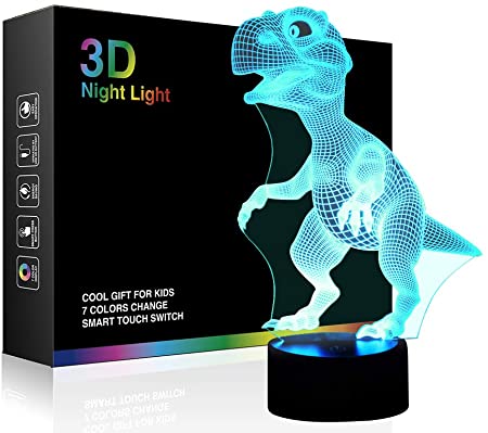 Night Lights for Kids Dinosaur 3D Night Light Lamp Wiscky 7 LED Colors Changing Touch Table Desk Lamps Decorative Lighting Pretty Cool Toys Gifts Birthday Holiday Xmas for Baby Nursery Toddler Friends