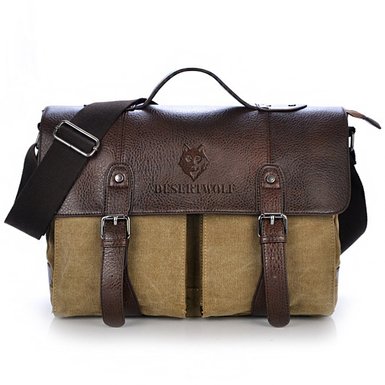 DesertWolf Canvas PU Leather Vintage Cross Body Messenger Bag/Briefcase Fit 13.3 inch Laptop
