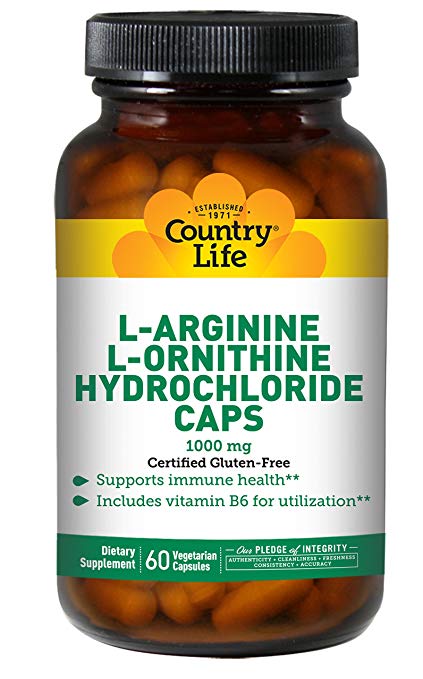 Country Life L-Arginine/L-Ornithine Caps - 1000 mg with Vitamin B6-60 Capsules - May Help Support Immune Health - Aids Utilization - Gluten-Free