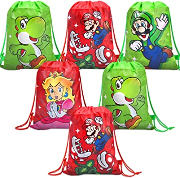 Rekcopu Super Bros Party Supplies Non-Woven Drawstring Goodie Super Bros Bags for Party Favors Bros Party Supplies Kid's Gift Backpacks