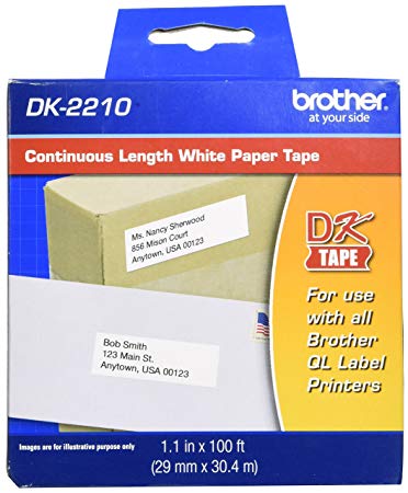 Brother Genuine DK-2210 Continuous Length Black on White Paper Tape for Brother QL Label Printers, 1.1" x 100' (29mm x 30.4M), 1 Roll per Box, DK2210