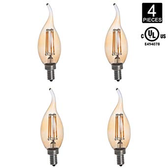HERO-LED  CA10-DSGT-4W-WW22 Dimmable Gold Tint CA10 E12 4W Candelabra Style LED Filament Chandelier Light Candle Bulb, 40W Equivalent, Ultra Warm White 2200K (Amber Glow), UL-Listed, 4-Pack