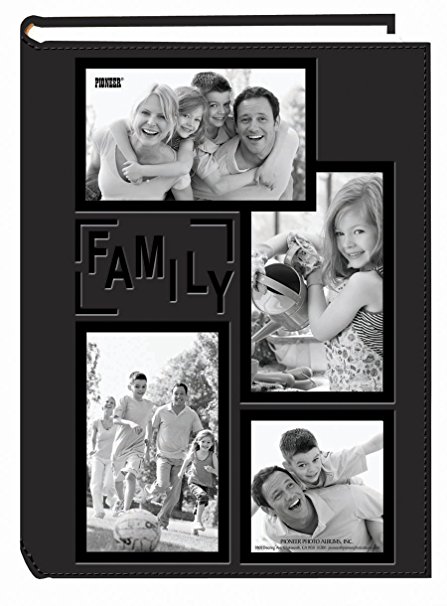 Pioneer Collage Frame Embossed "Family" Sewn Leatherette Cover 300 Pocket Photo Album, Black