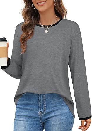 MEROKEETY Women's 2024 Fall Long Sleeve Tops Crewneck Casual Loose Trendy Color Block T Shirts Blouse