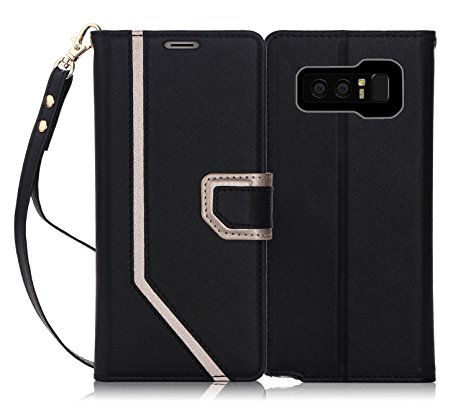 Note 8 Case, Galaxy Note 8 Case, FYY [RFID Blocking wallet] [Makeup Mirror] Premium PU Leather Galaxy Note 8(2017) Wallet Case with Cosmetic Mirror and Hand Strap Black