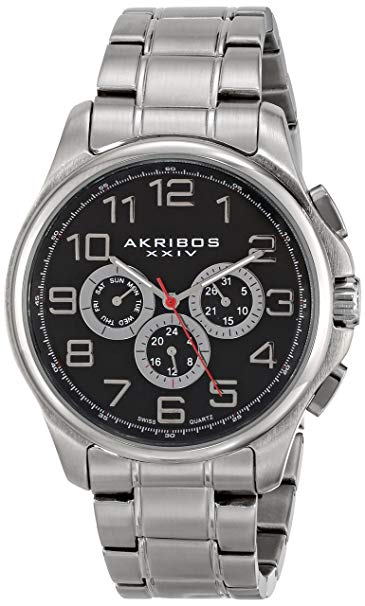 Akribos XXIV Men's AK748 Multifunction Swiss Quartz Movement Watch with Engraved Sunburst Dial Stainless Steel Bracelet