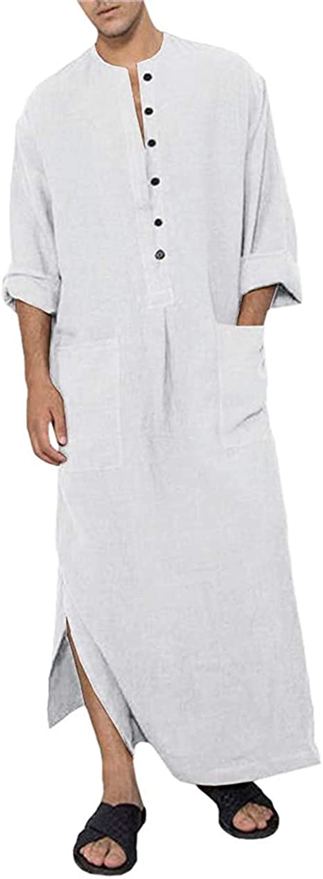 Jacansi Men's Button up Cotton Robe Long Sleeve Kaftan Thobe Long Gown Casual Shirt for Beach