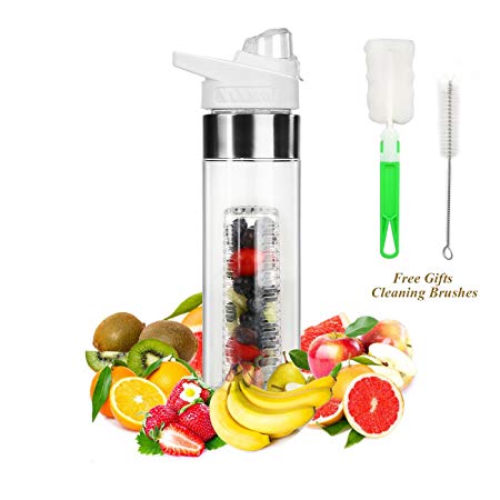 ELUTONG Fruit Infused Water Bottles Fusion 24OZ Bottom Infuser Style with Flip Top Lid - Big Mouth Tritan Plastic White Free Bottle Brush Packaging