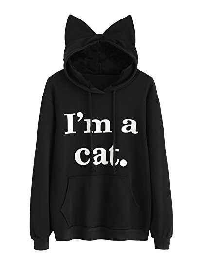 ROMWE Women's Long Sleeve kangaroo pockets Slogan Letter Print Cute Cat Ear Pullover Hoodie