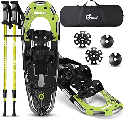 Odoland 3-in-1 Snowshoes Set for Men Women Youth Kids with Trekking Poles, Carrying Tote Bag, Light Weight Aluminum Alloy Terrain Snow Shoes,21”/25”/30”