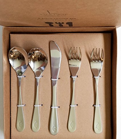 Premium Stainless Steel Kids Utensil Set, 5 Piece: 2 Forks, 2 Spoons, 1 Knife. Highest Quality, Lifetime