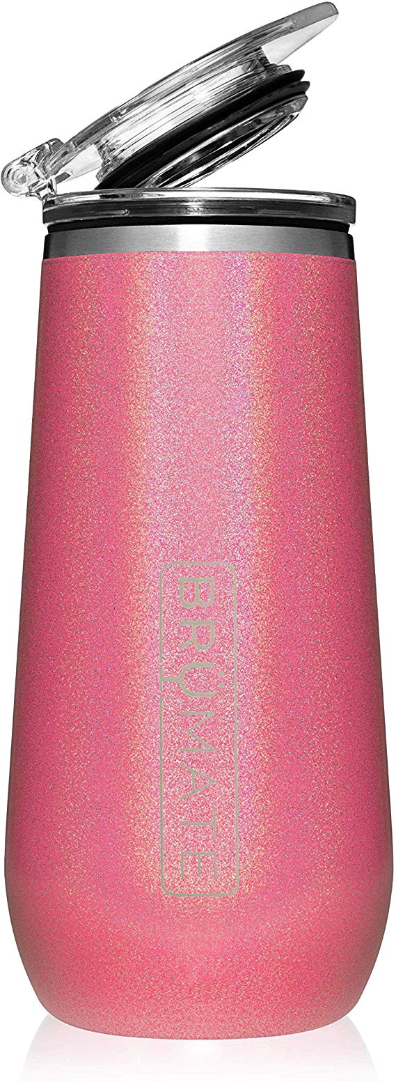 BrüMate 12oz Insulated Champagne Flute With Flip-Top Lid - Made With Vacuum Insulated Stainless Steel (Glitter Pink)