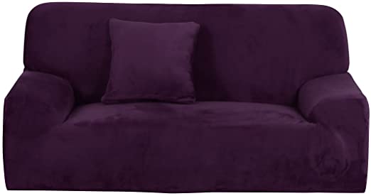 uxcell Velvet Plush Stretch Sofa Cover, Thicker Couch Slipcover for 1 2 3 4 Cushion, Stylish Furniture Winter Covers with One Pillow Cover Purple X-Large