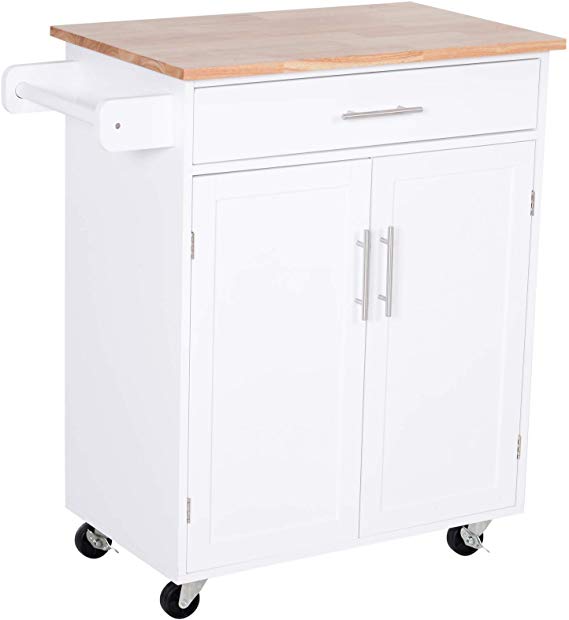 HOMCOM Kitchen Cabinet Island with Large Countertop, Storage Space, and Omni-Directional Castor Wheels