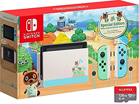 Newest Nintendo Switch with Green and Blue Joy-Con - Animal Crossing: New Horizons Edition - 6.2" Touchscreen LCD Display, 802.11AC WiFi, Bluetooth 4.1 - Green and Blue - AllyFlex 128GB Micro SD Card