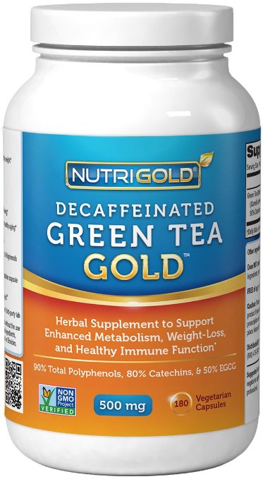 1 Green Tea Extract - Green Tea GOLD 500 mg 180 Vegetarian Capsules - Decaffeinated Green Tea Fat Burner Supplement for Weight-loss 98 Polyphenols 50 EGCG