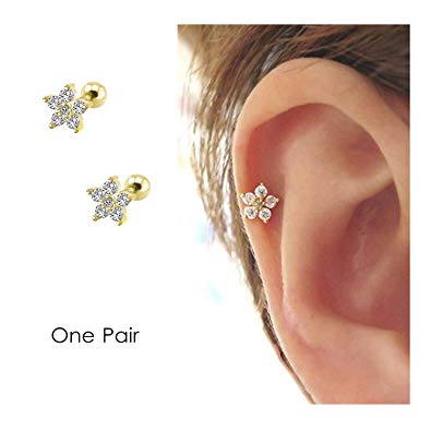 Flower Cartilage Earring CZ Stud Mini Earrings Small Tragus Earring Dainty Barbell Ear Helix Conch Rook Piercing for Women Girls