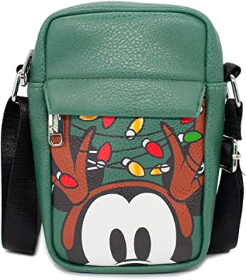 Buckle Down Disney Bag, Cross Body, Mickey Mouse Holiday Antlers Face Close Up, Green, Vegan Leather