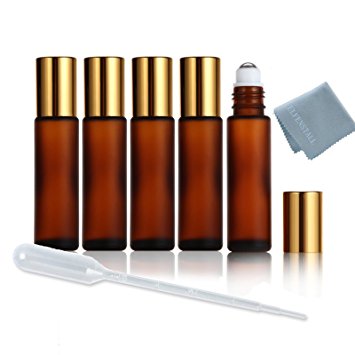 Elfenstall- 5pcs Refillable Thick Frosted Amber 10ml 1/3OZ Empty Roll on Glass Bottle for Fragrance Essential Oil Aromatherapy Bottles with Metal Roller Ball Massage Gold Cap   FREE 3ml Pipette