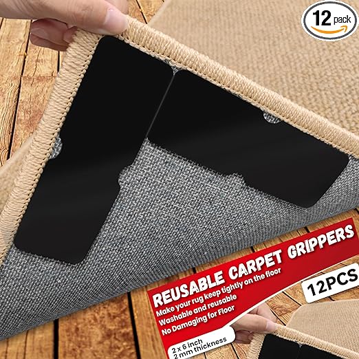 Rug Carpet Non Slip Grippers, Reusable and Washable Double Sided Carpet Tape Pads, Strong Adhesive Grippers for Area Rugs, Keep Corners Flat, No Damaging for Floor Removable, 12Pcs