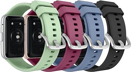 MoKo 4-Pack Straps Compatible with Huawei Watch Fit Active/Elegant Smartwatch, Soft Silicone Replacement Watch Band Bracelet Wristband, Green/Wine Red/Blue Gray/Graphite Black