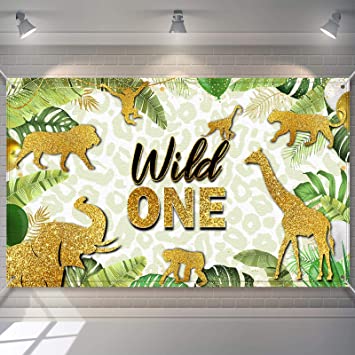 Jungle Animals Wild One Backdrop Golden Glitter Safari Baby Shower Photo Background Jungle Theme First Birthday Party Decorations Summer Tropical Leaves Background