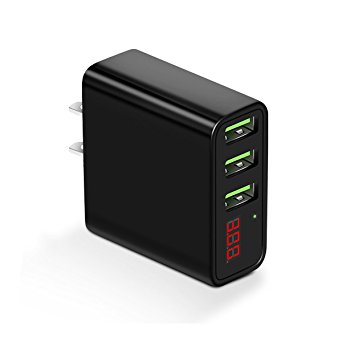 USB Wall Charger, Xboun 5V 2.4A 3 USB Wall Charger, Power Adapter Travel Charger with [SmartID Technology & LED Display] for Iphone 7/7s/6/6s/plus/5/5s, Ipad, Samsung, Nexus, HTC, Tablet (Black)