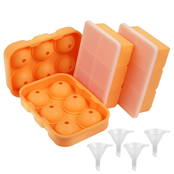 Kootek 4 Set Large Ice Cube Trays with Lids, Silicone Sphere Ice Ball Makers and Square Ice Cube Molds with 4 Funnel BPA Free Big Round Shape for Whiskey, Baby Food, Chilling, Cocktail Cake Molds Oran